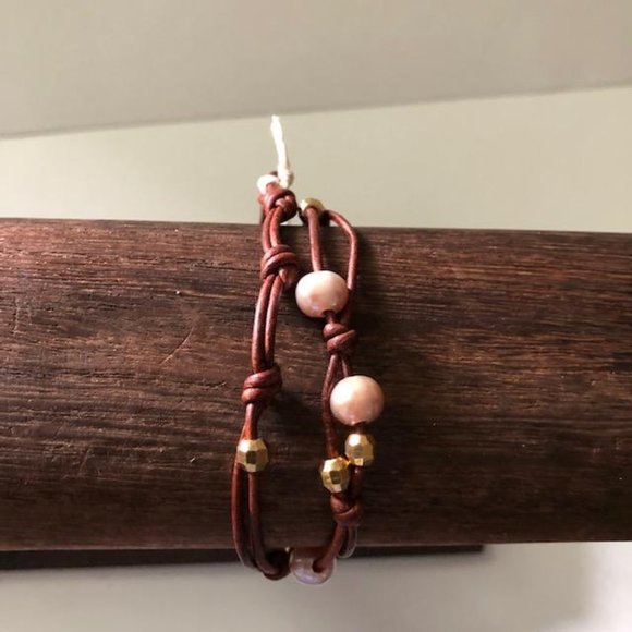 CHAN LUU NAT PINK PEARL DOUBLE BRACELET, GOLD BEADS, BS-5177, BROWN LEATHER, NWT - Picture 1 of 5
